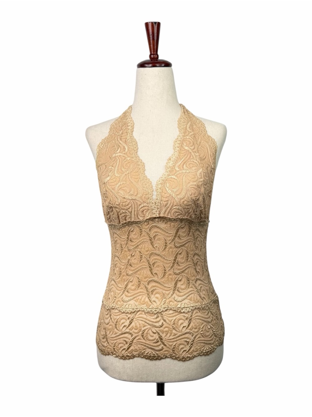 Bebe Lace Halter Top Y2K Nude Beige Scalloped Sheer Feminine Romantic Boho S/M